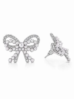 Silver Bow Stud Earrings CZ & Mini Pearl Accents 1” x 1”